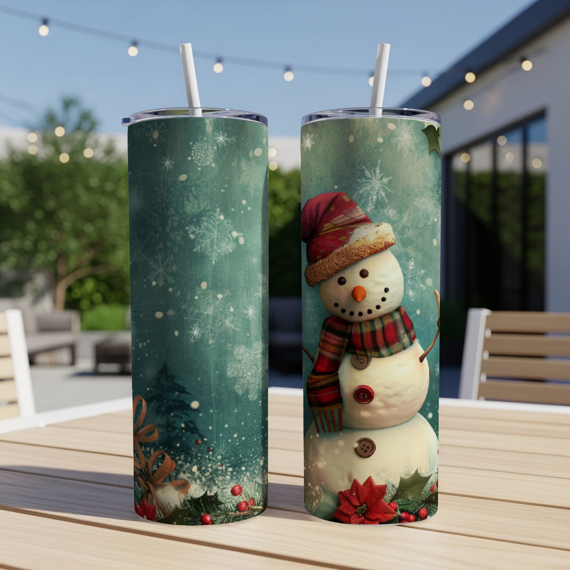 Snowman design on two stainless steel tumblers with straw.