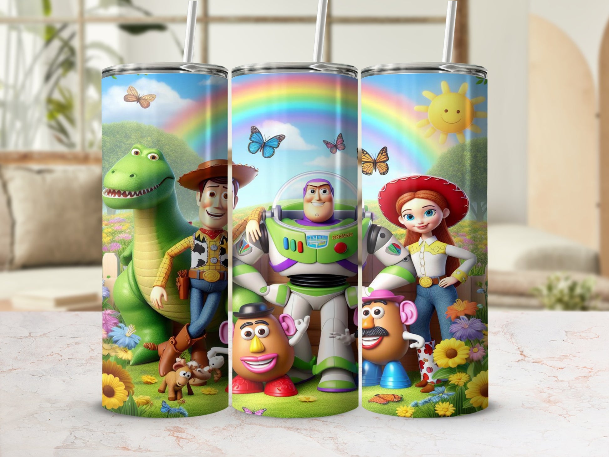 Toy Story characters Woody, Buzz Lightyear, and Jessie with Mr. Potato Head and Slinky Dog.