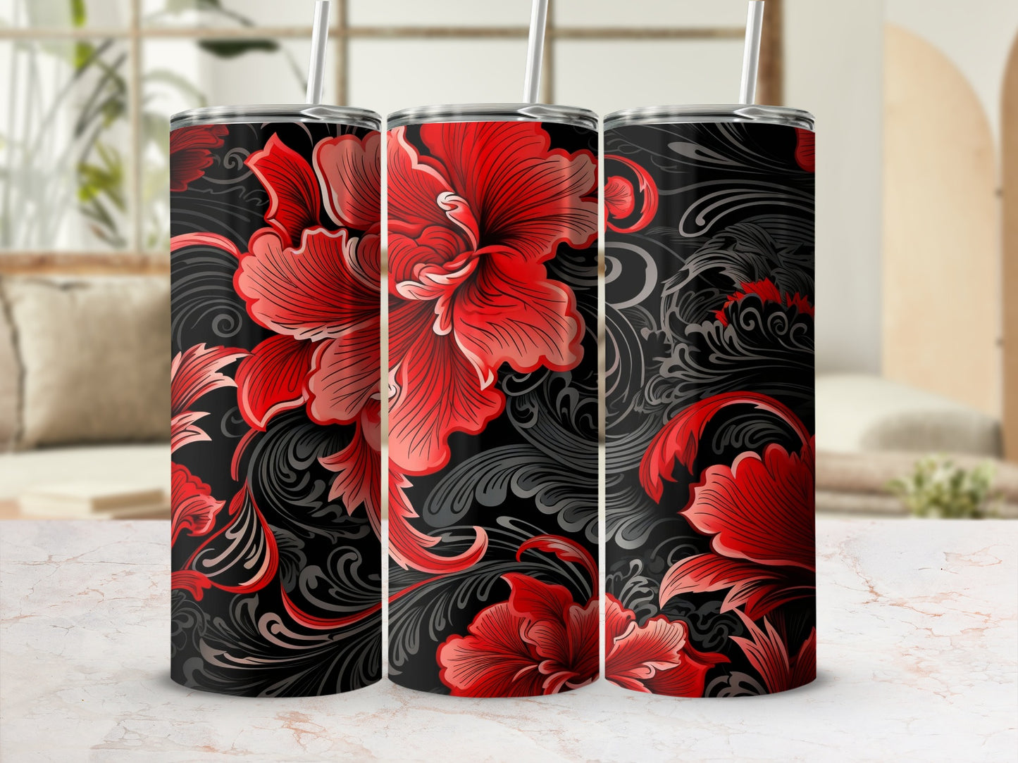 Elegant Red Floral Design on Black Tumbler Product