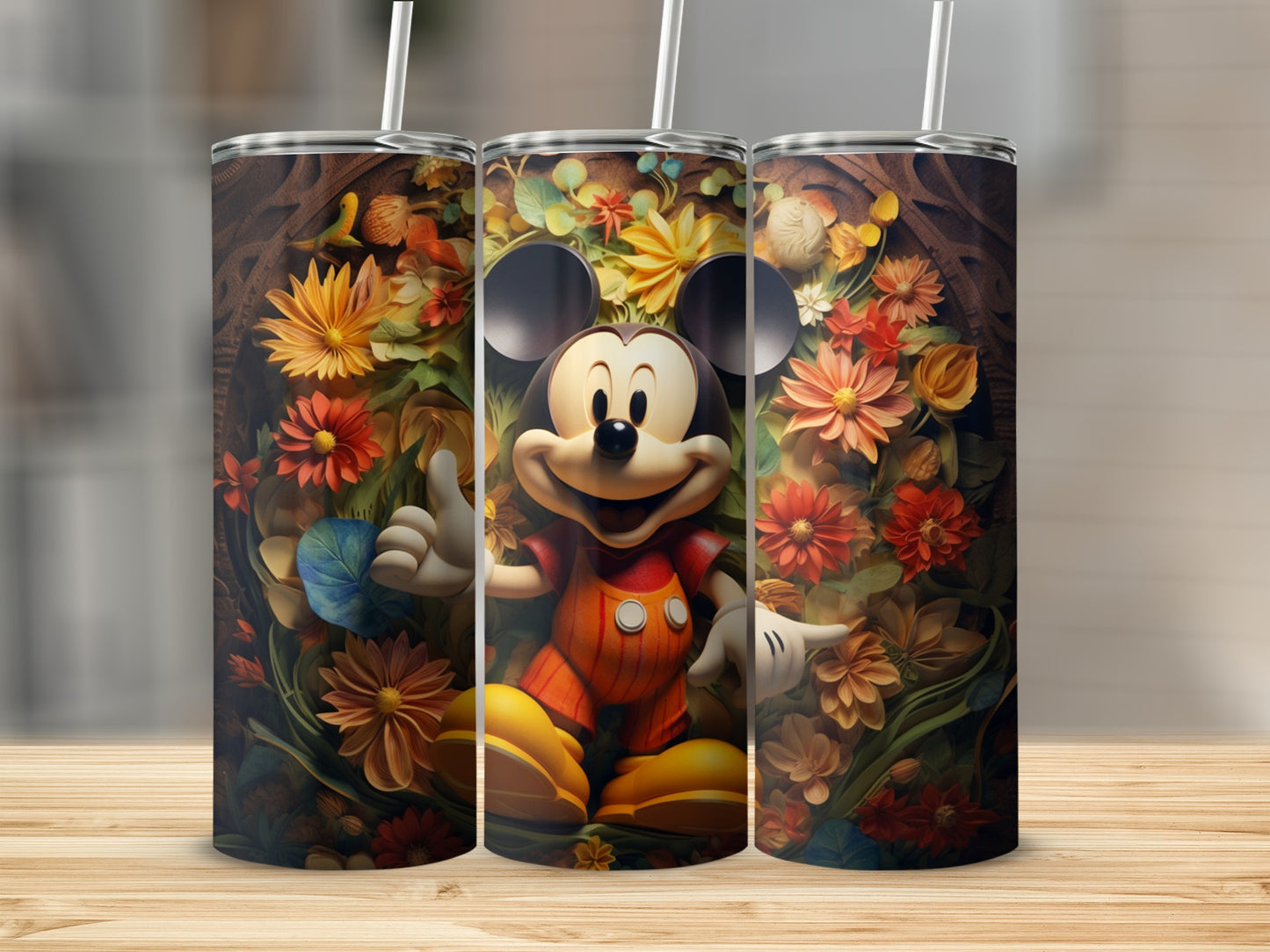 Mickey Mouse Floral Themed Tumbler with Straw