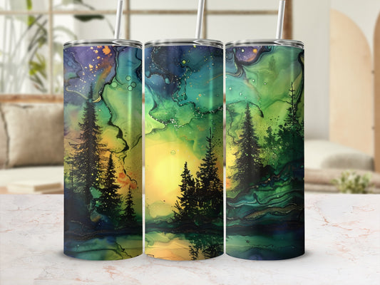 Three tumblers with a dark forest and starry night sky design.