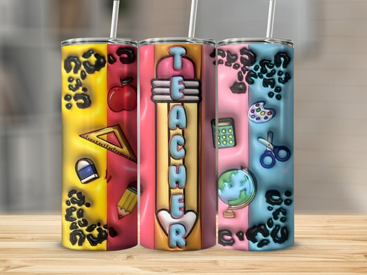 Three teacher-themed tumblers with school supplies and leopard print designs.