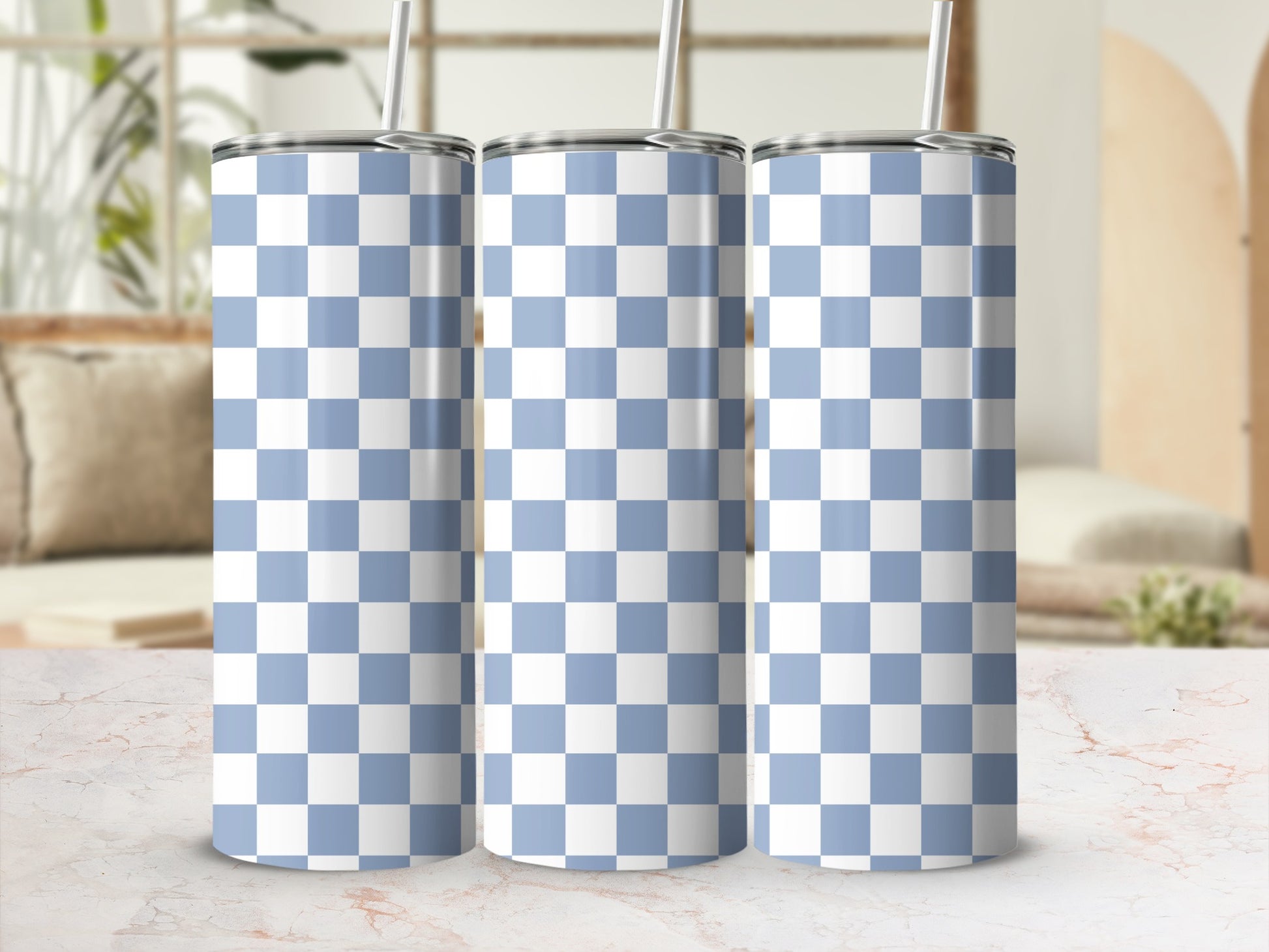 Three tumblers with a light blue and white checkerboard pattern.