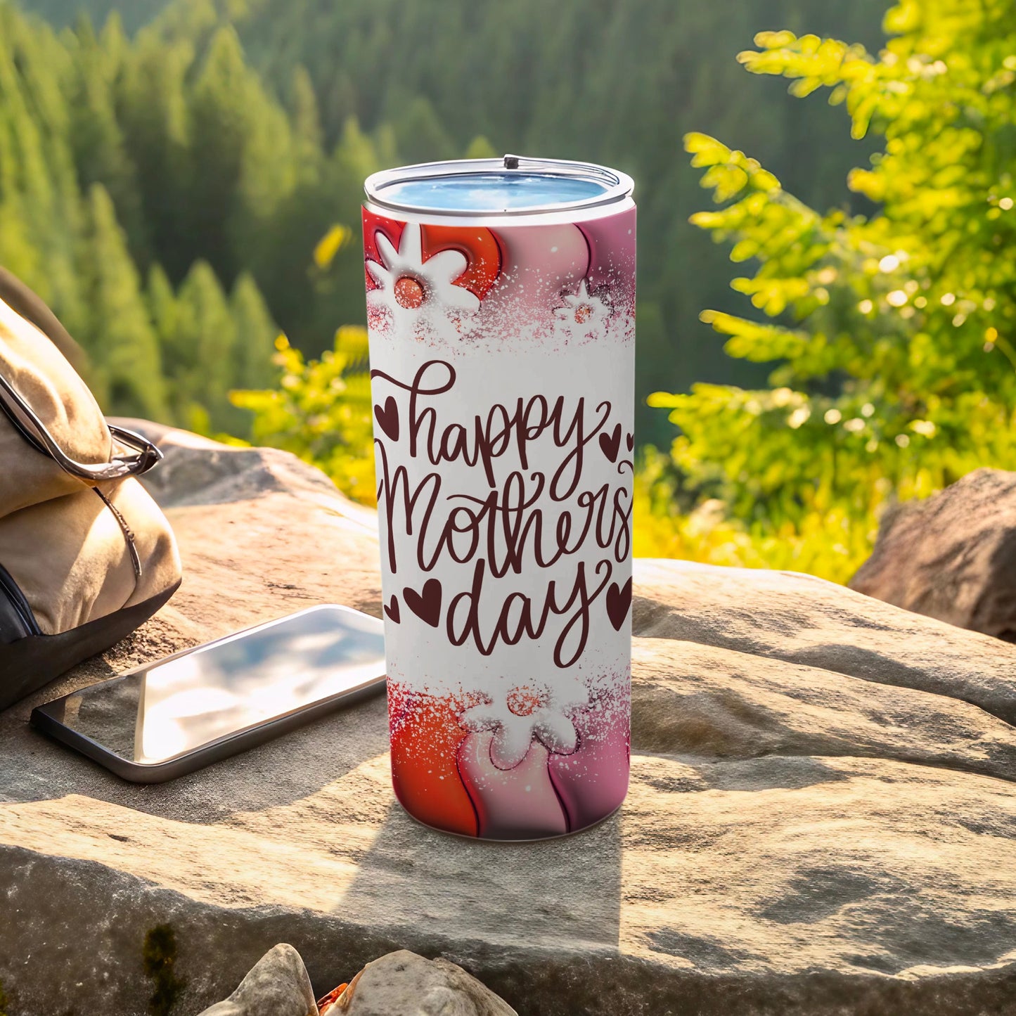 Happy Mothers Day Tumbler with Hearts and Flowers Design