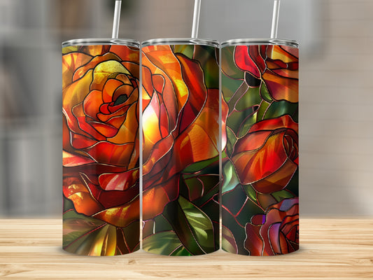 Three tumblers featuring a stained-glass rose design.