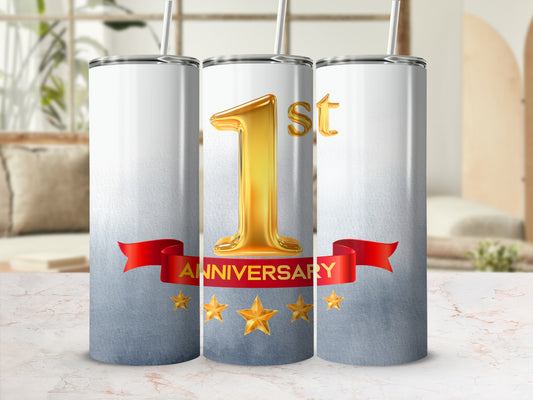 Three tumblers with "1st Anniversary" text and gold stars on a textured background.