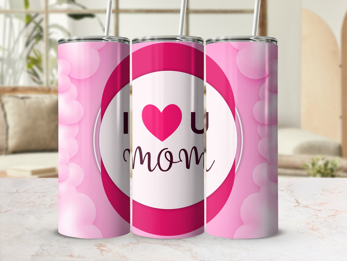 I Love You Mom Pink Cloud Design Tumbler Cup