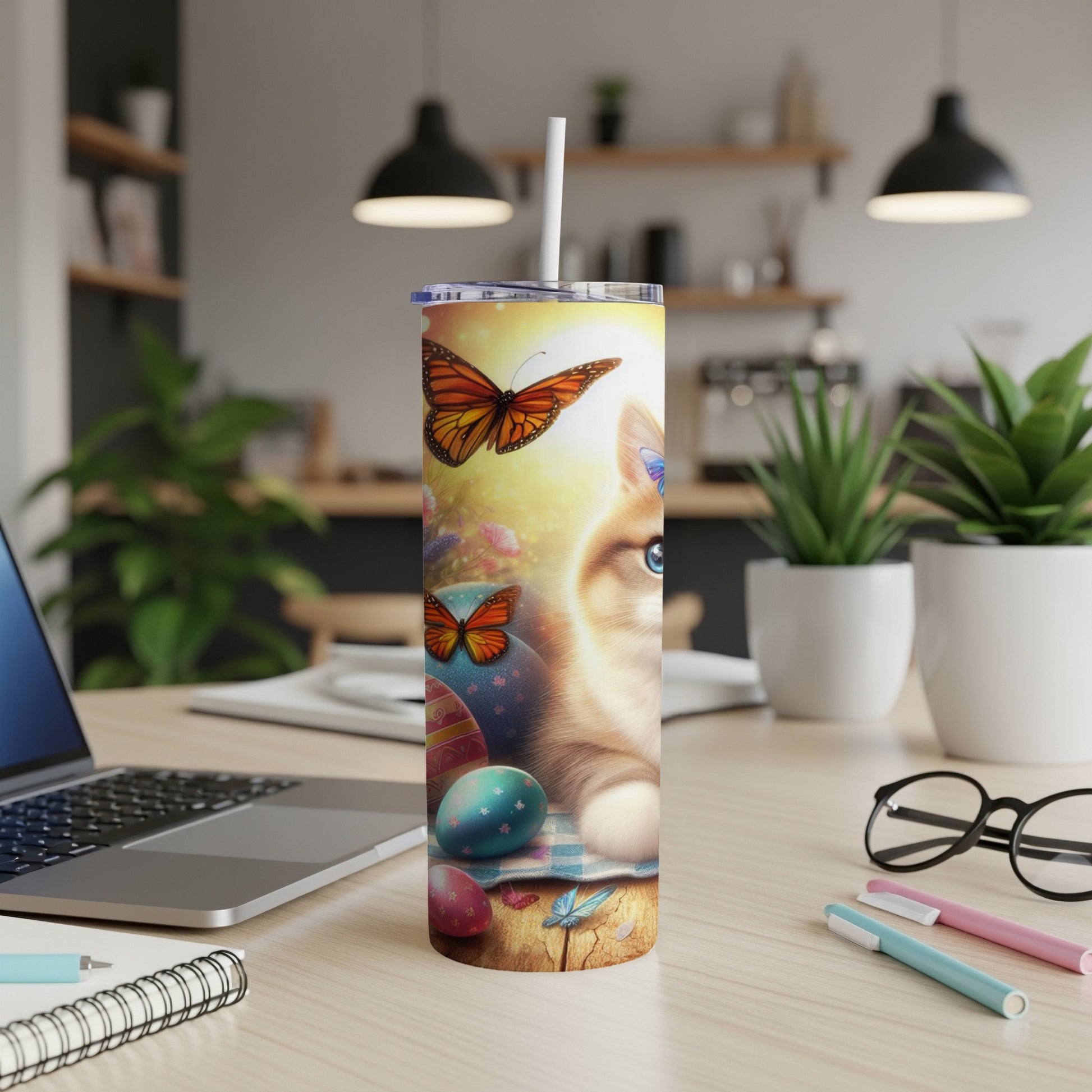 Husky with butterflies and Easter eggs on a tumbler.