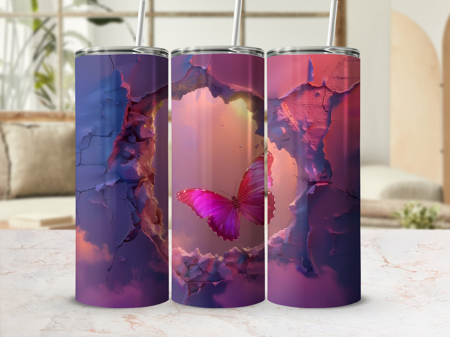 Three pink butterfly tumblers with cracked texture and ethereal lighting.