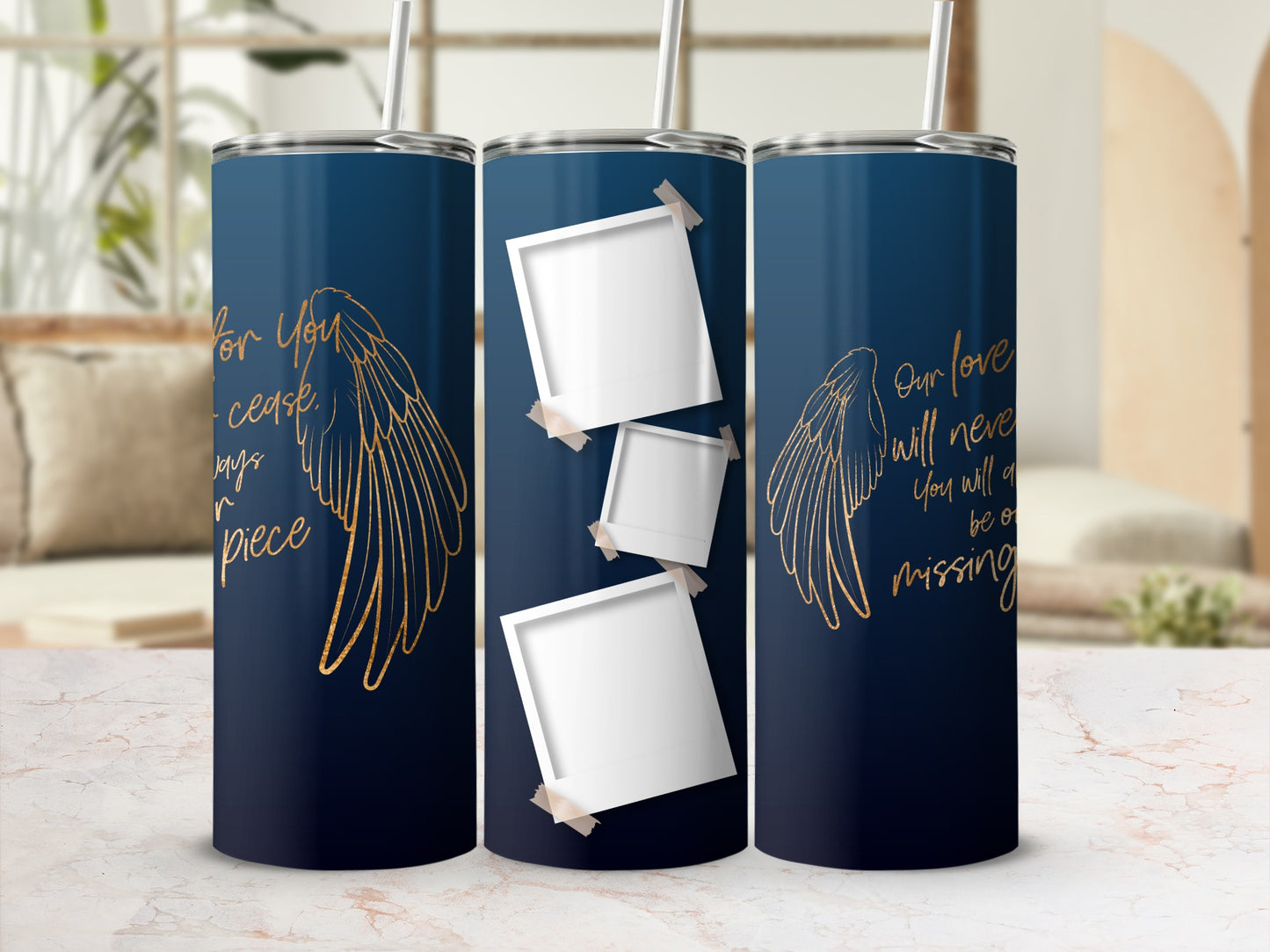 Navy tumbler with golden angel wings and memorial text.