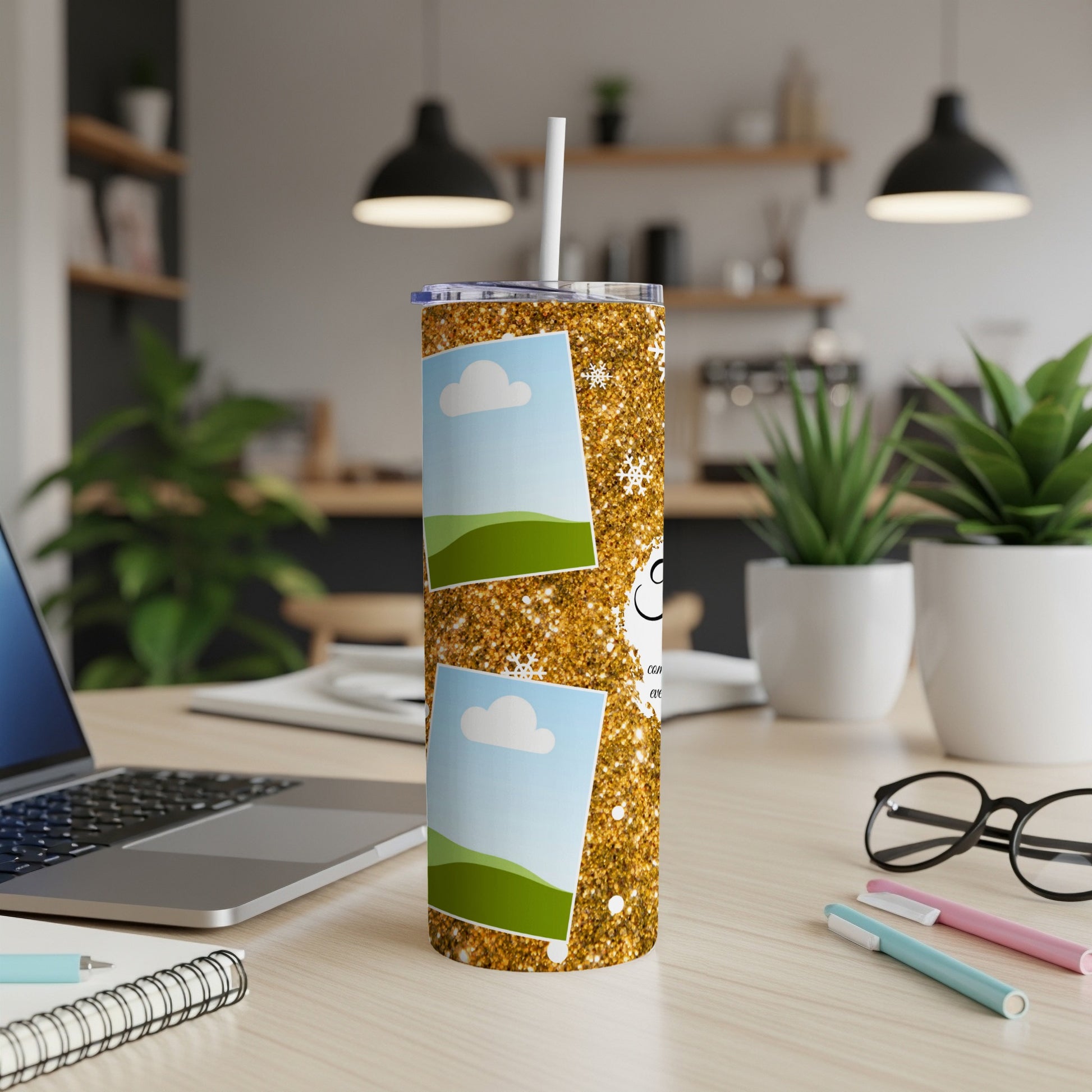 Gold glitter tumbler with photo placeholders, snowflakes, and text.