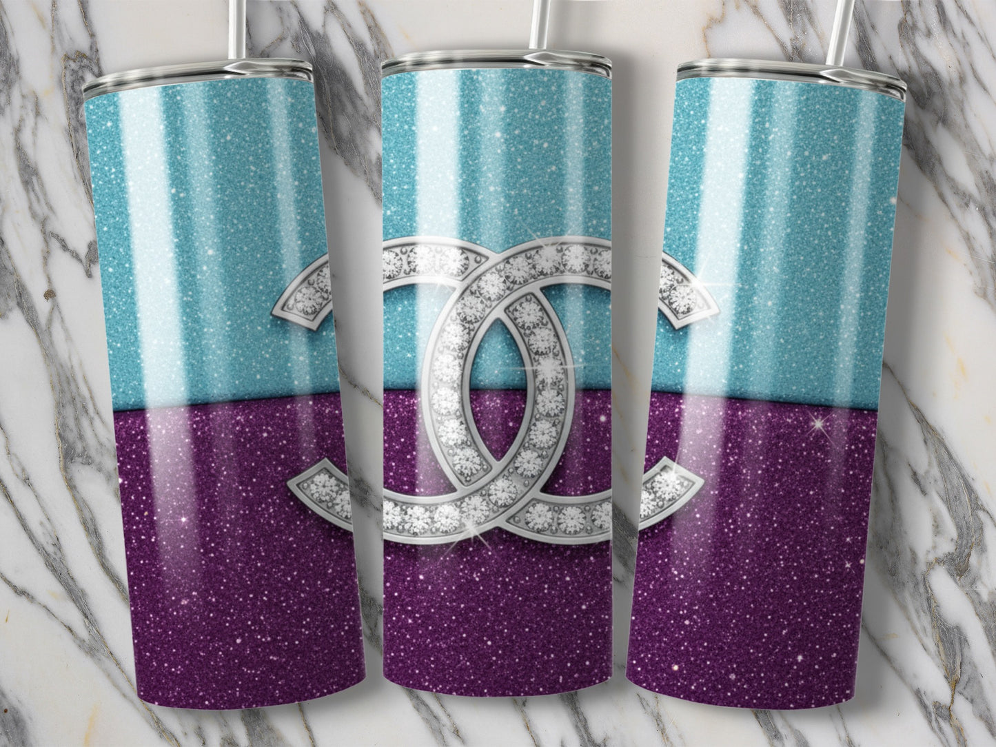 Silver Diamond Logo On Two Tone Glitter Background Tumbler