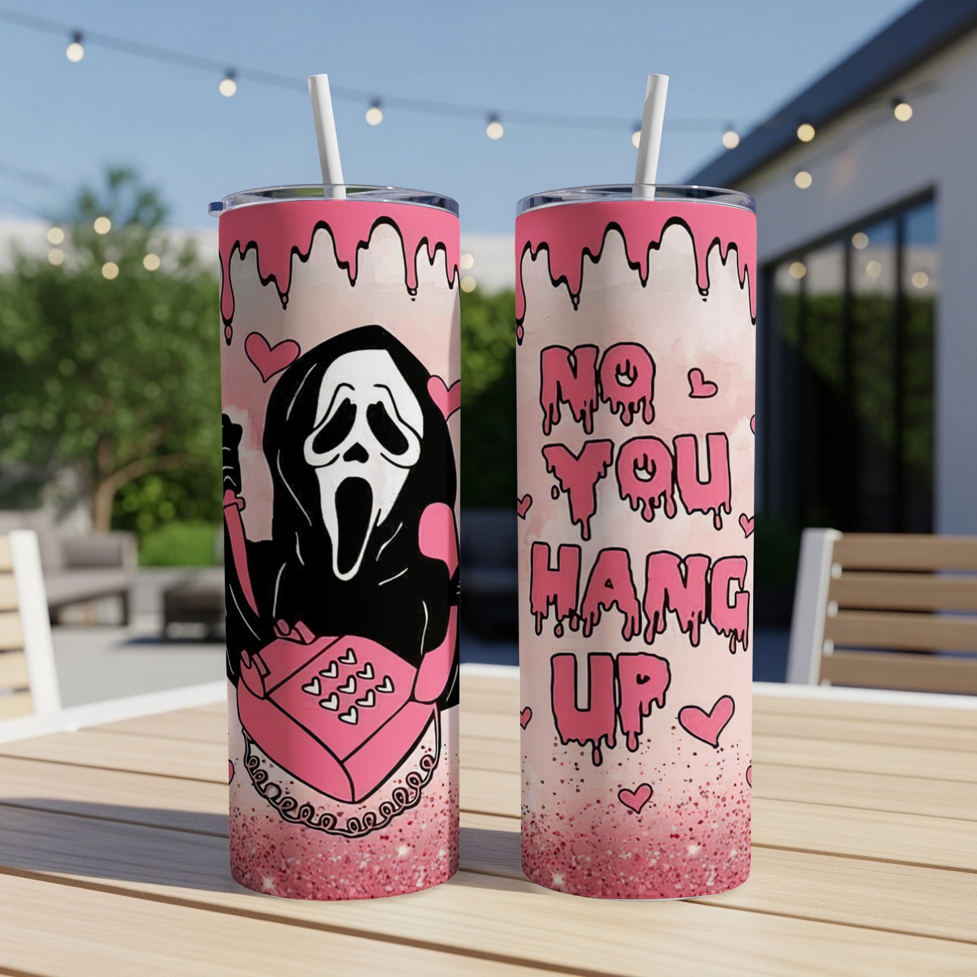 Ghostface from Scream holding a pink phone with "No You Hang Up" text.