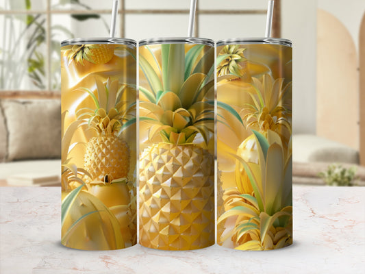 Three gold tumblers with pineapple designs and straws.