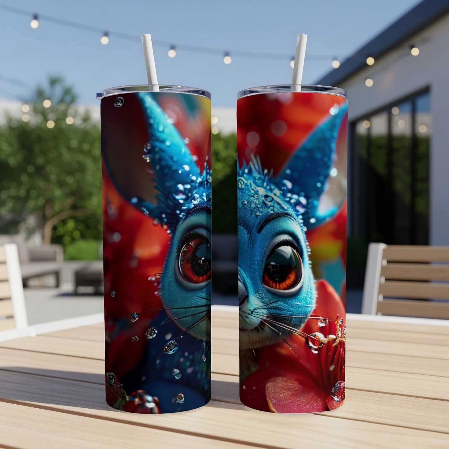 Blue rabbit character with large red eyes on a skinny tumbler.
