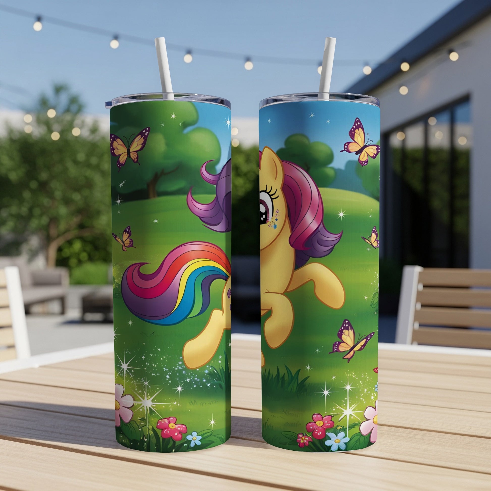 Yellow cartoon horse with rainbow mane and tail, surrounded by butterflies and flowers.