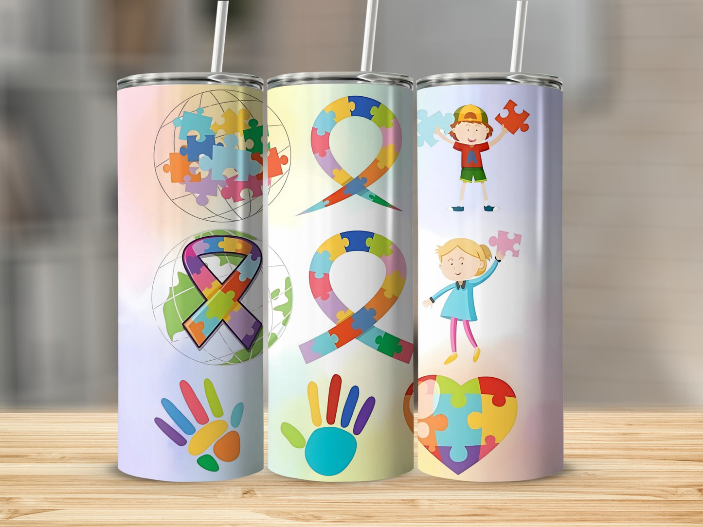 Puzzle Themed Tumbler with Straws Perfect Gift Idea