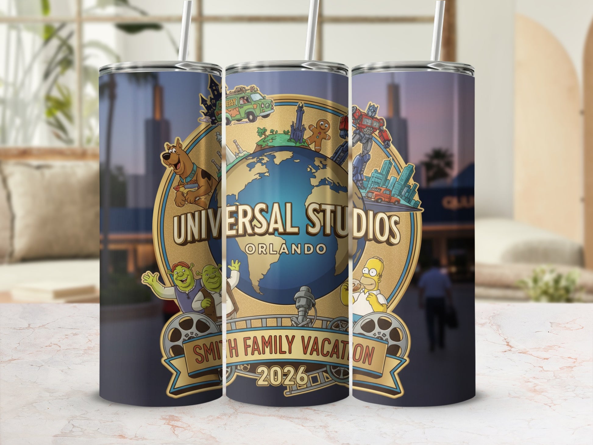 Universal Studios Orlando tumbler with "Smith Family Vacation 2026" banner.
