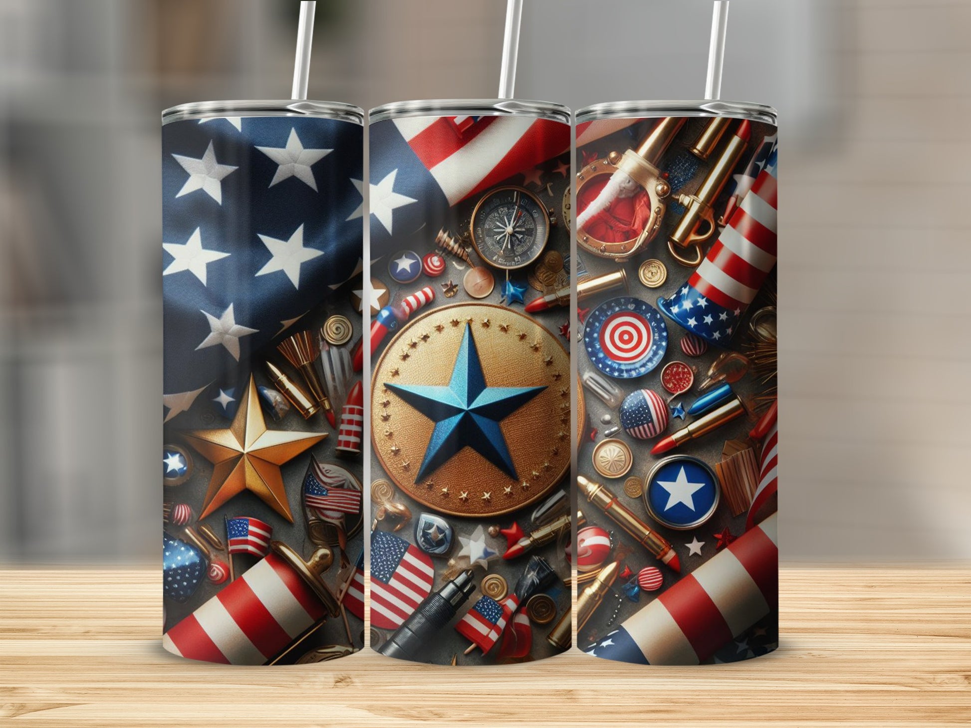 Patriotic tumblers with stars, flags, and Americana elements.