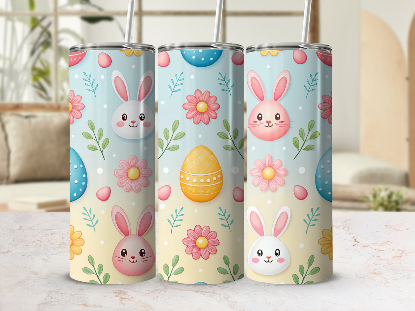 Easter bunnies and eggs with flowers on a pastel blue tumbler.