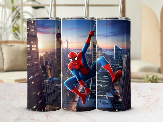 Spider-Man swinging through a city at sunset, on a tumbler.
