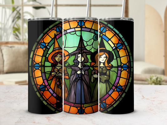 Three witches in stained glass design on black tumblers.