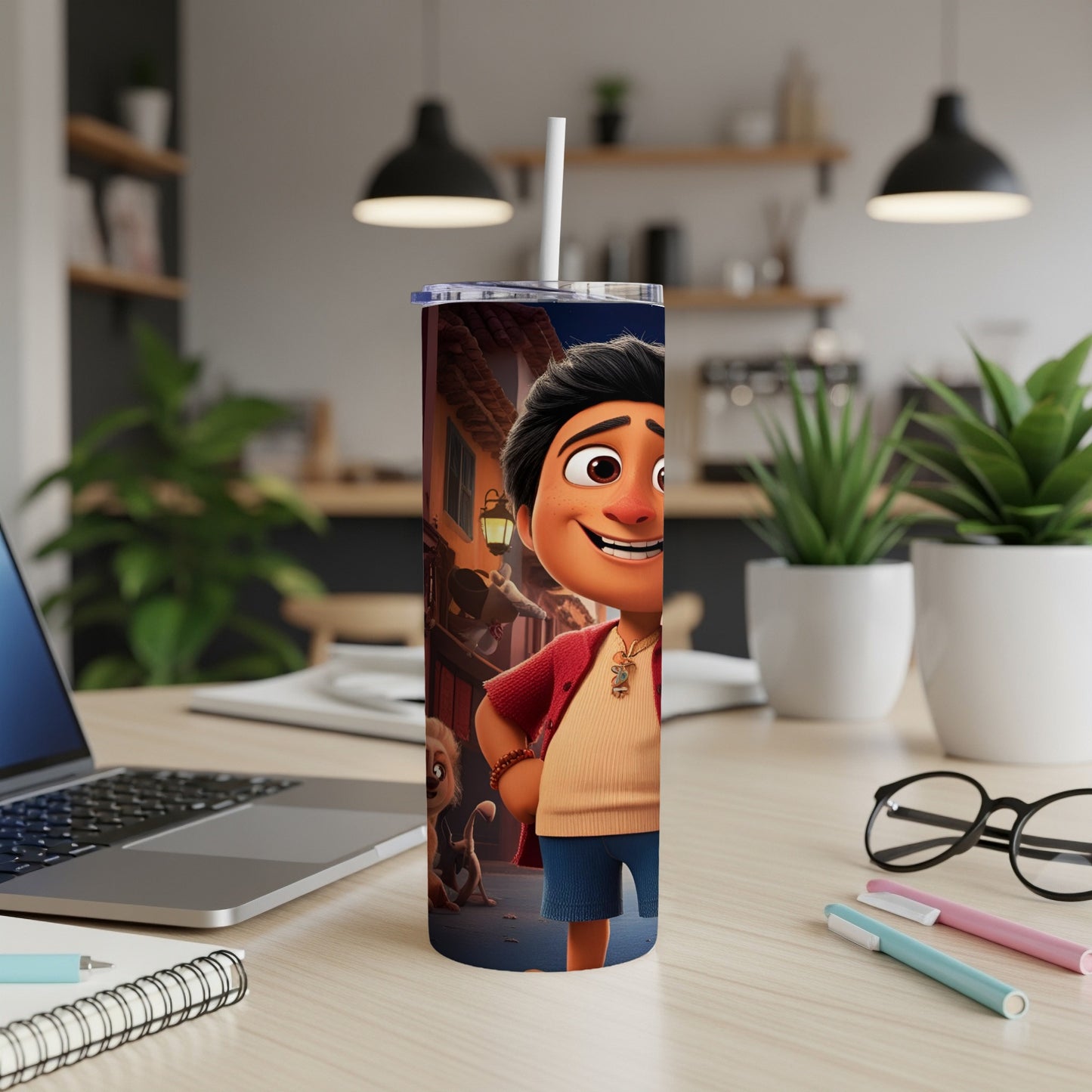 Animated character with a dog on a colorful tumbler.