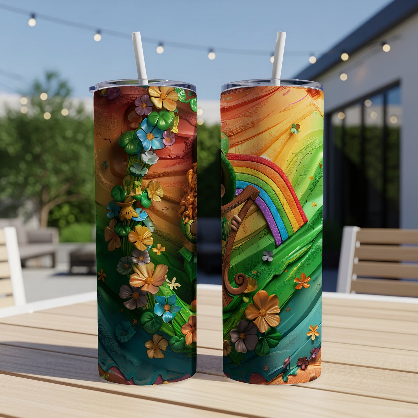 Two colorful tumblers with floral and rainbow designs sit on a table.