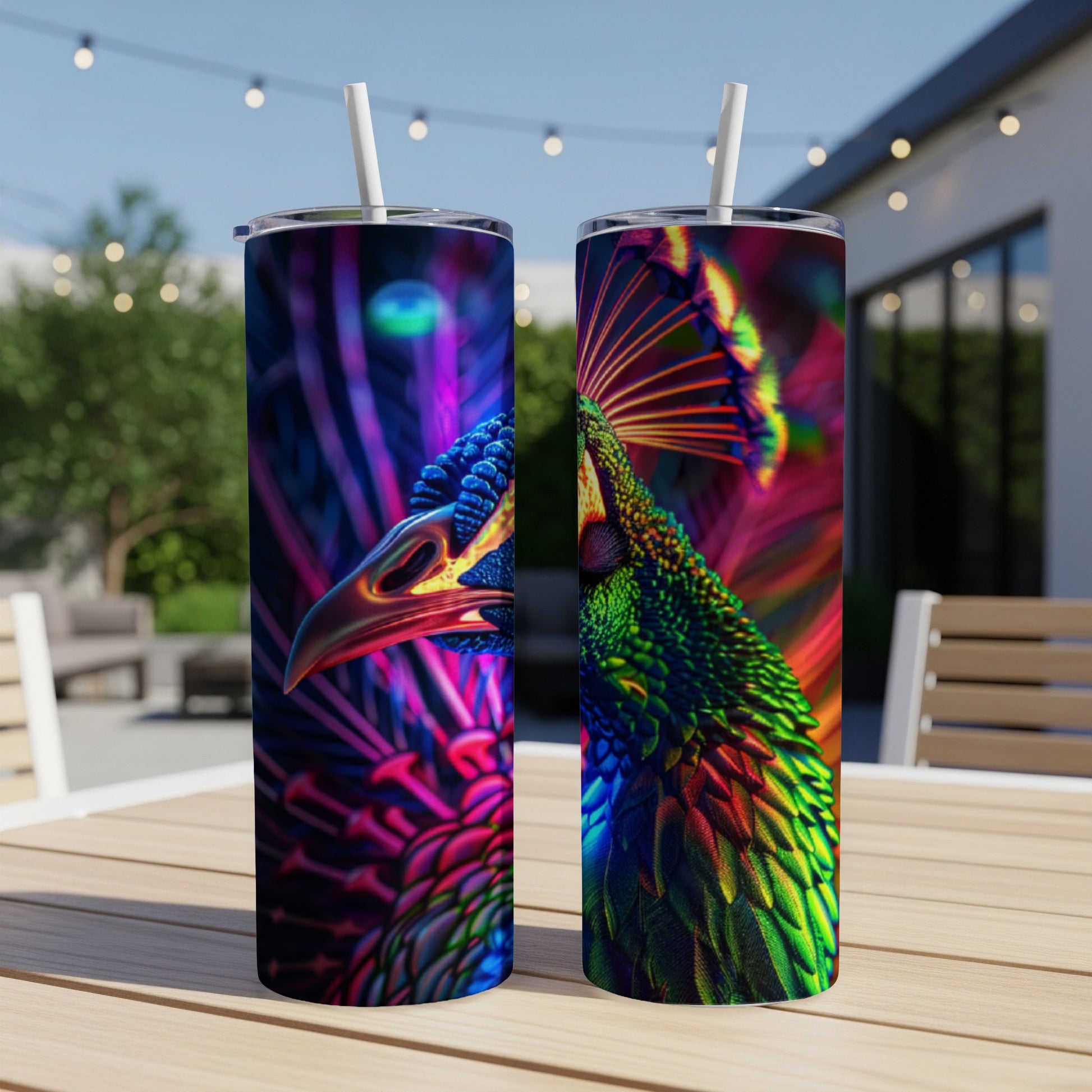 Vibrant peacock design on two insulated tumblers on a wooden table outdoors.