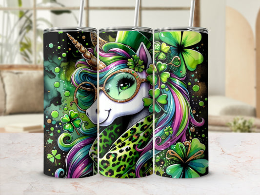 Leopard print unicorn with rainbow mane, shamrocks, and gold glasses.