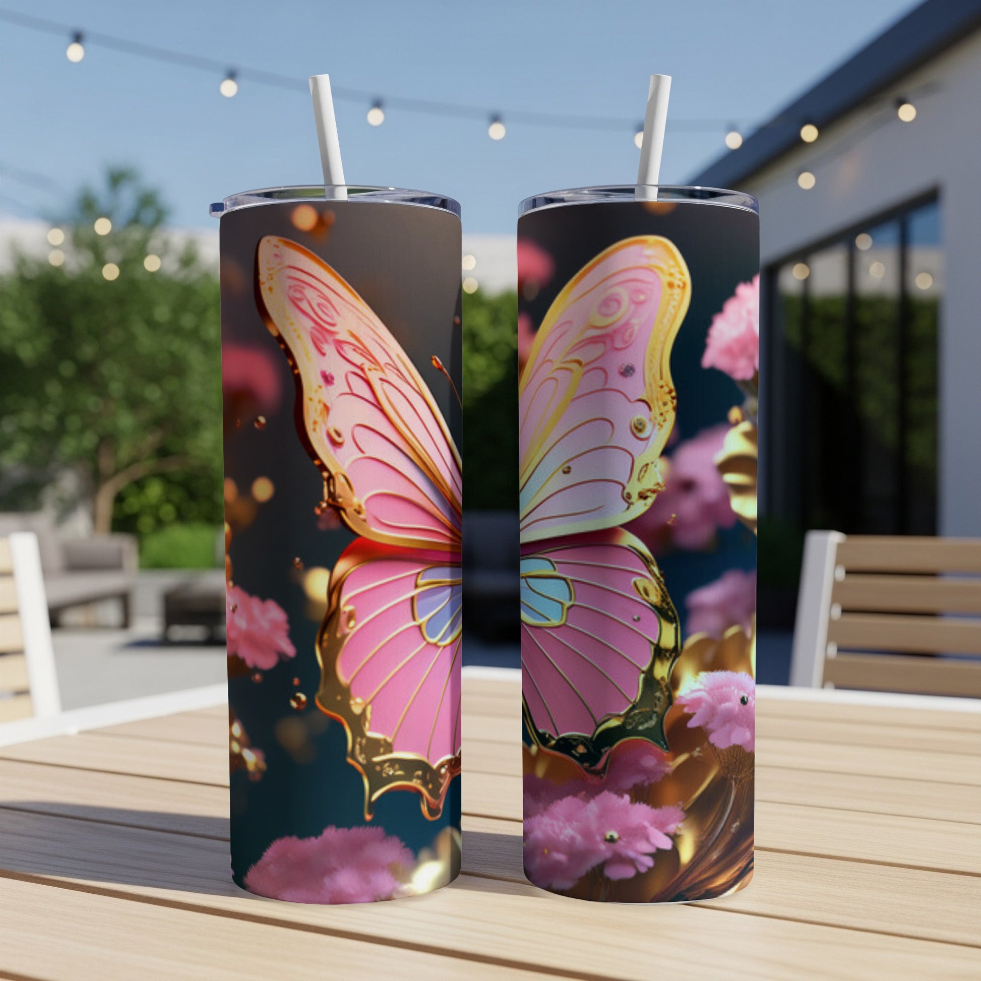 Pink butterfly design on two stainless steel tumblers with straws on a table.