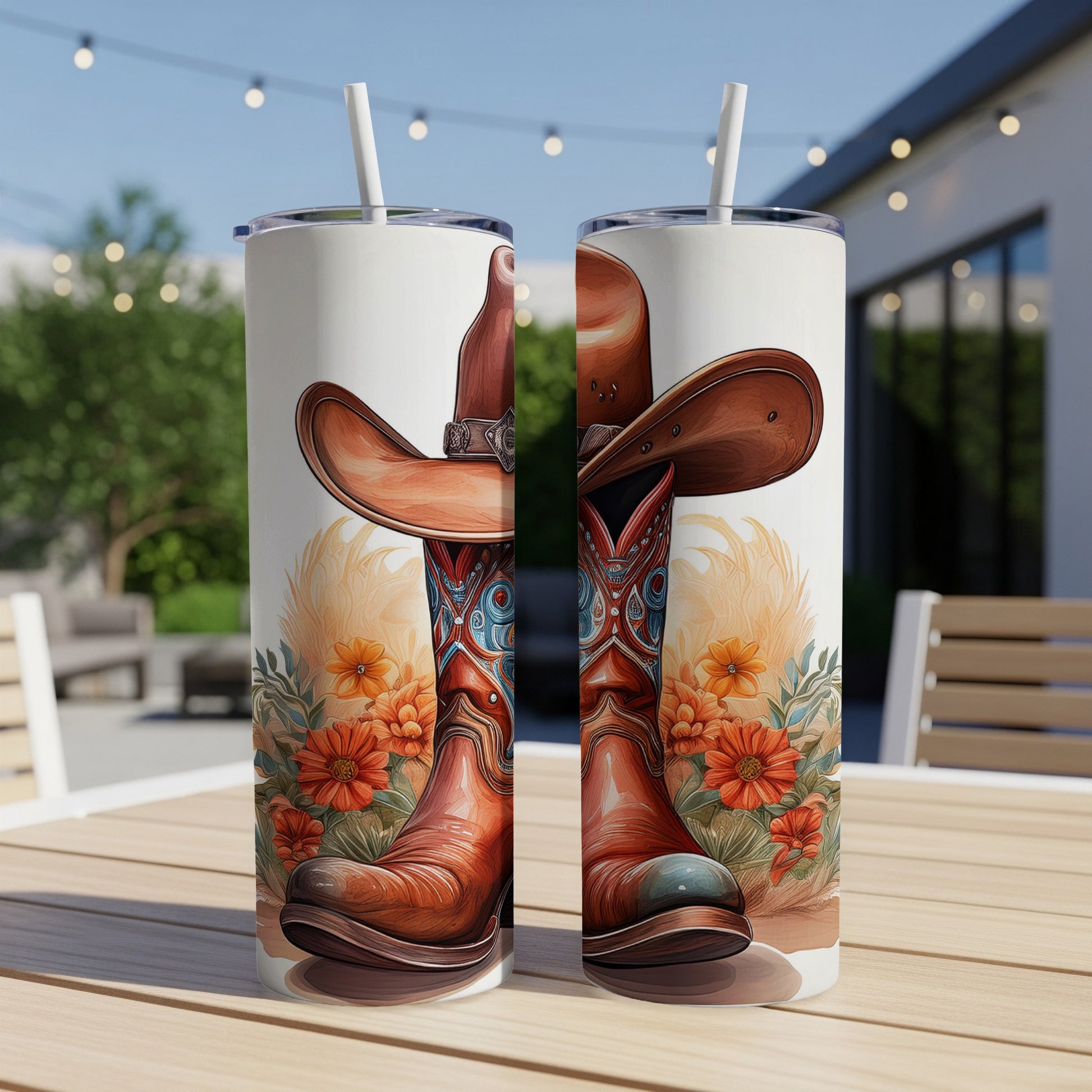 Cowboy boots and hat with floral accents on a tumbler.