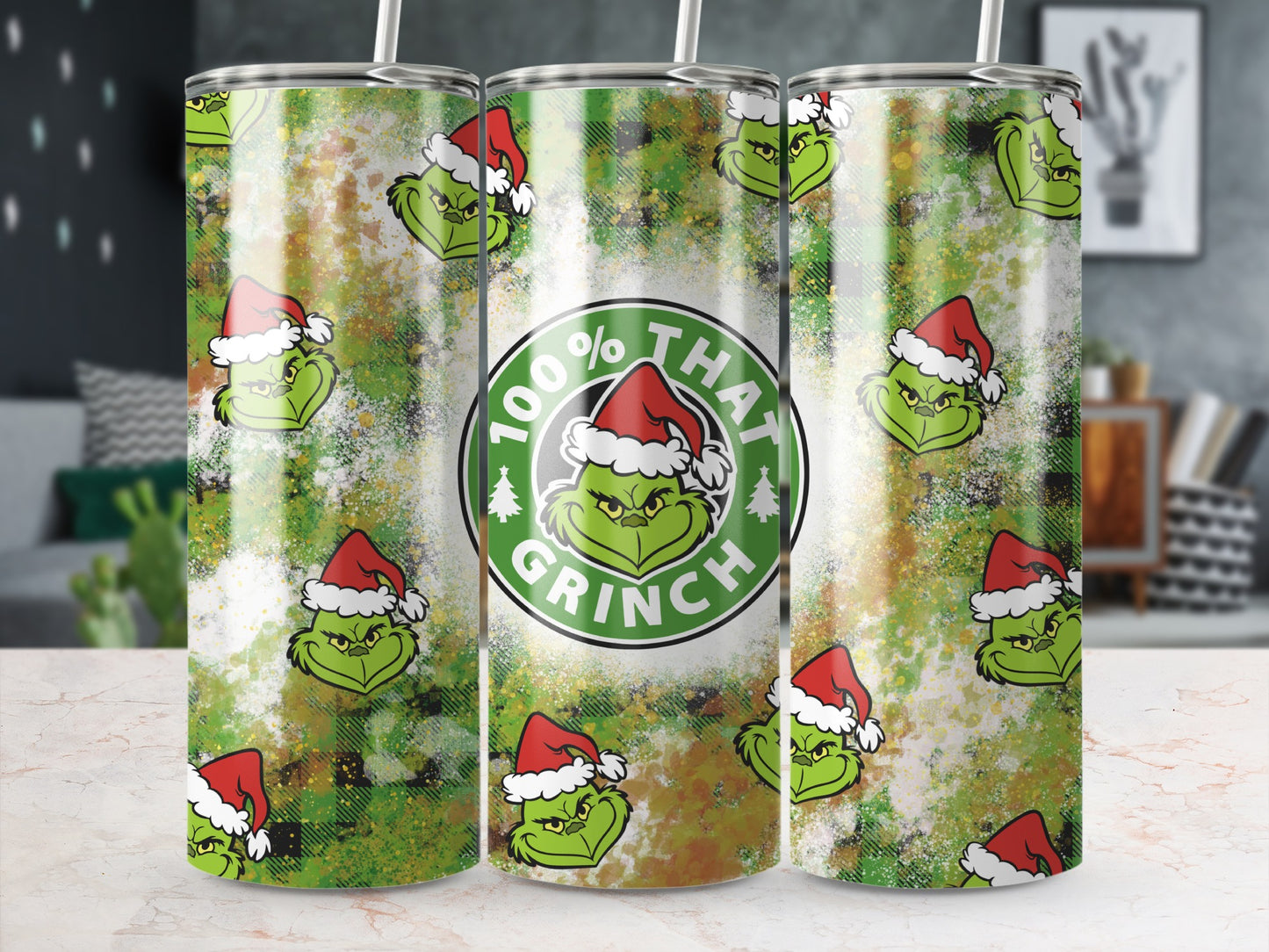 Green Grinch face with Santa hat on plaid background, reads "100% That Grinch".