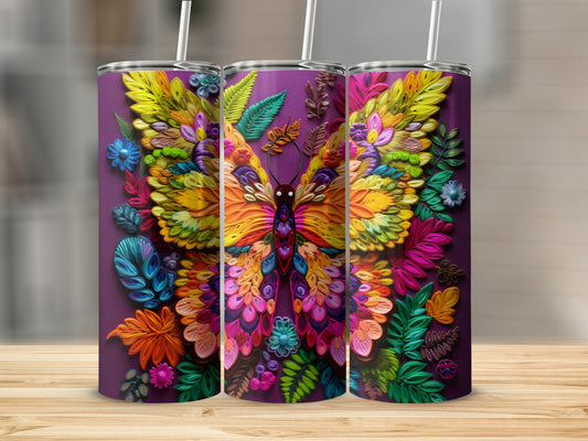 Purple tumbler with colorful floral butterfly design.