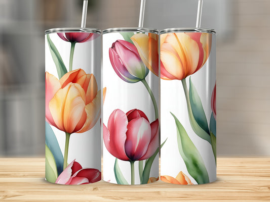 Three tumblers with a watercolor tulip floral design.
