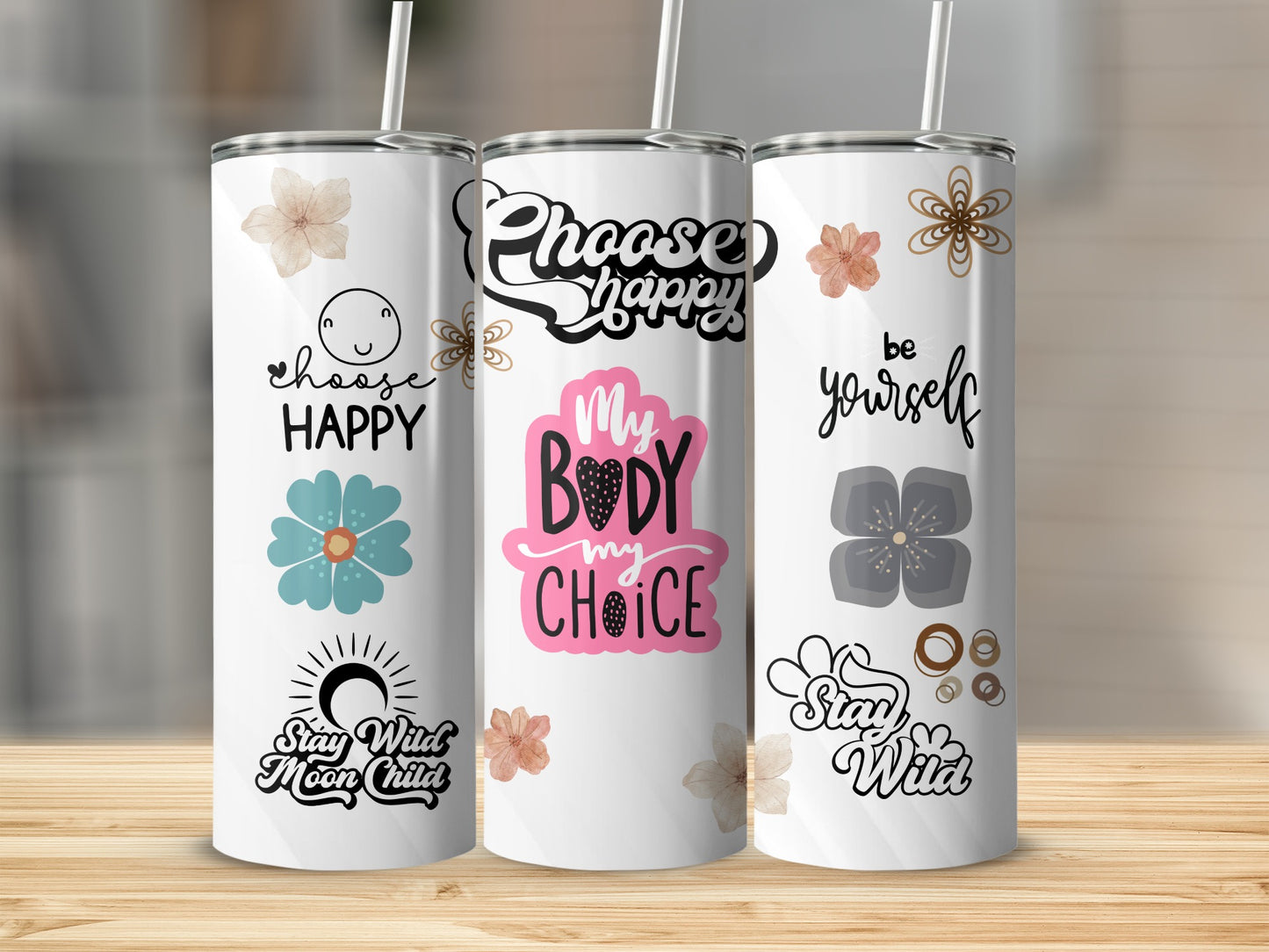 Inspirational Quotes and Floral Travel Tumblers Set