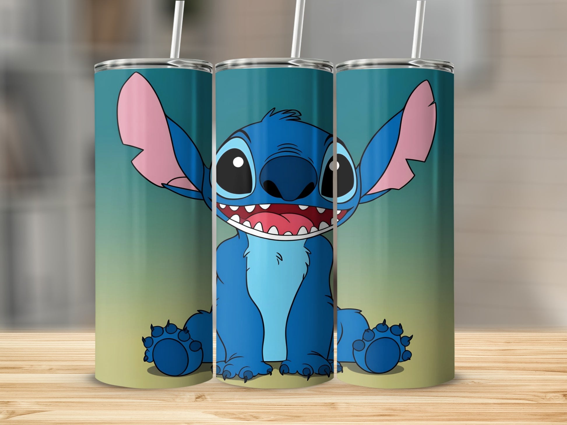 Blue cartoon alien character, Stitch, sitting on a table, smiling.