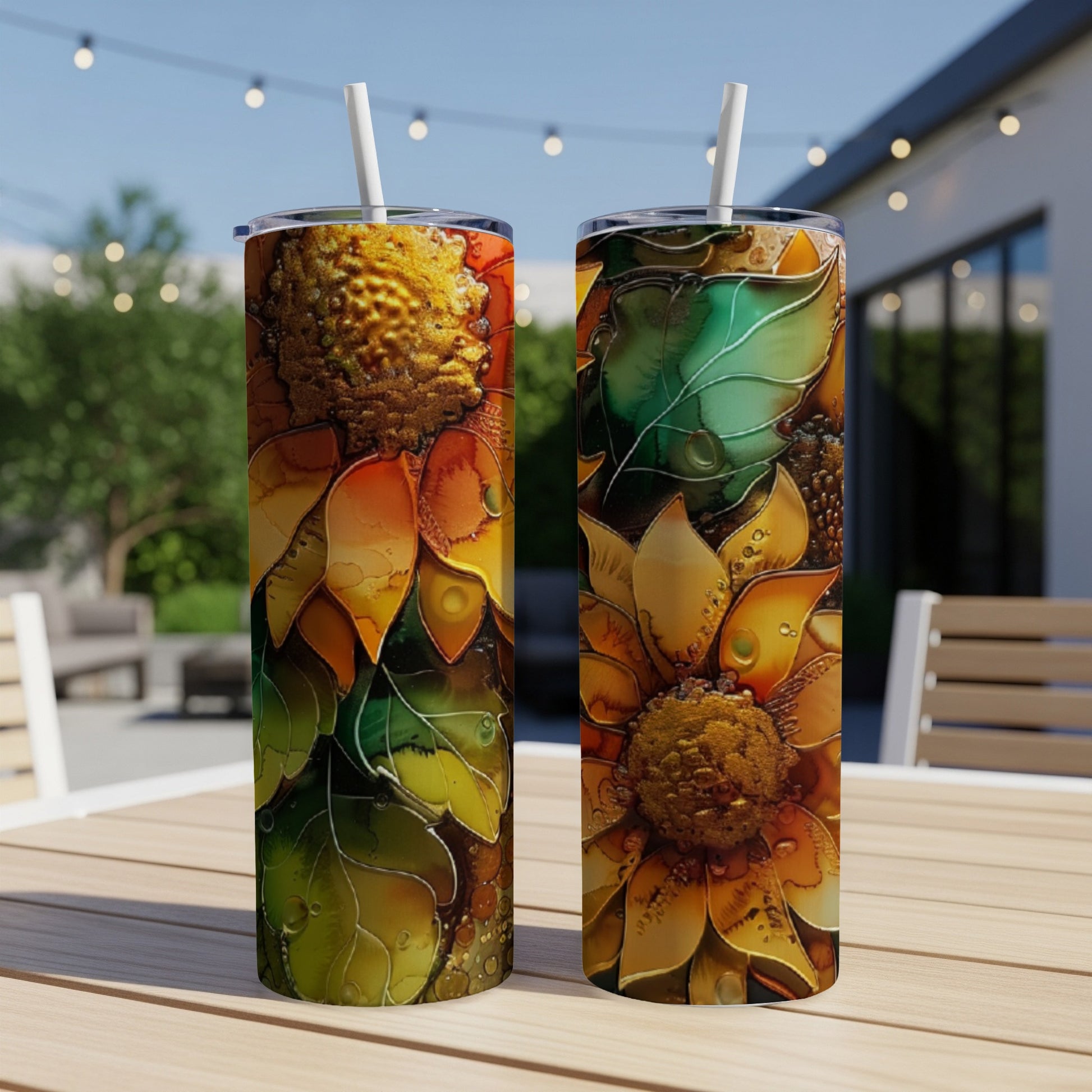 Two tall tumblers with vibrant sunflower designs sit on a wooden table outdoors.