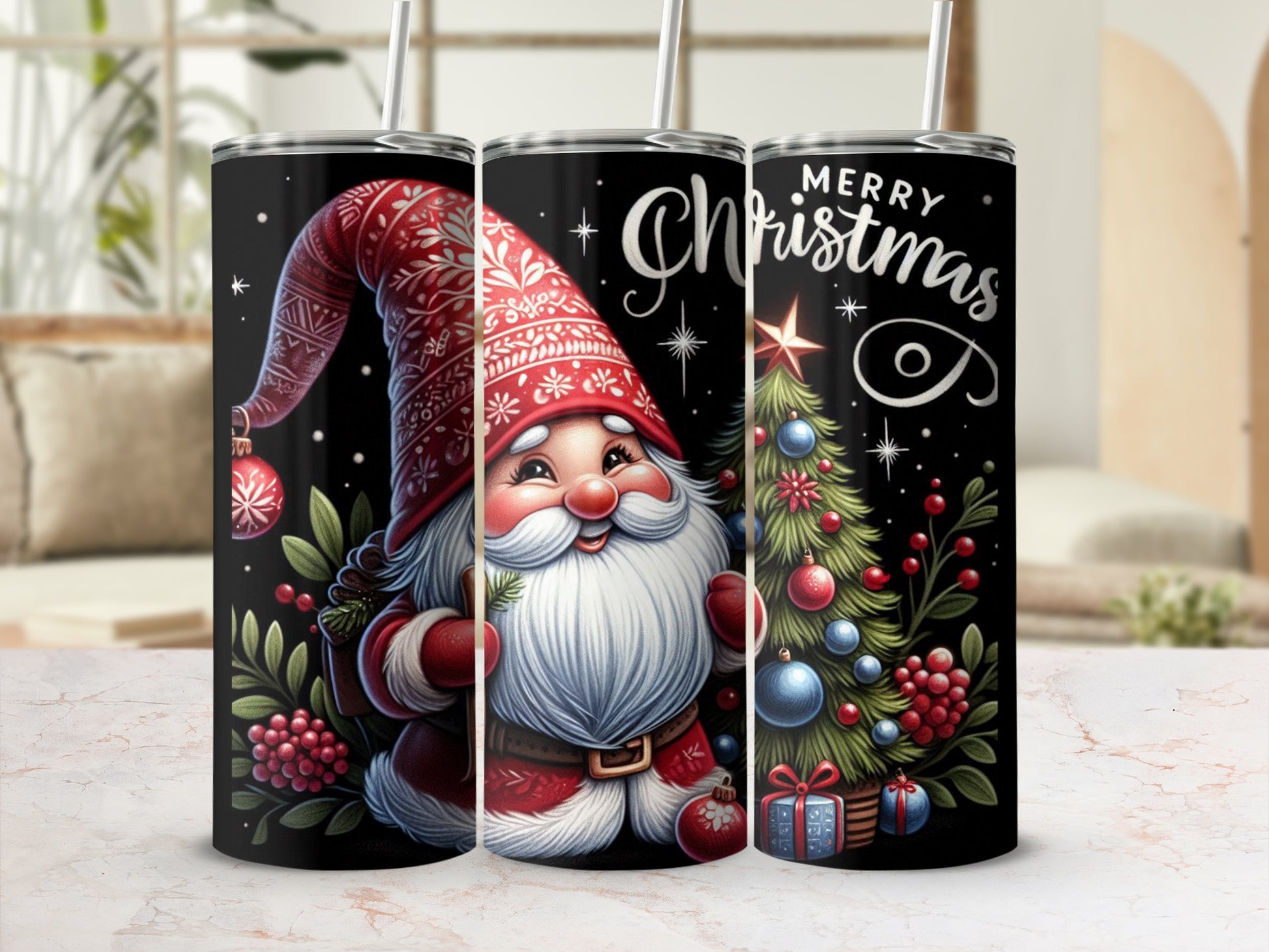 Gnome in Santa hat with Merry Christmas tree and gifts.