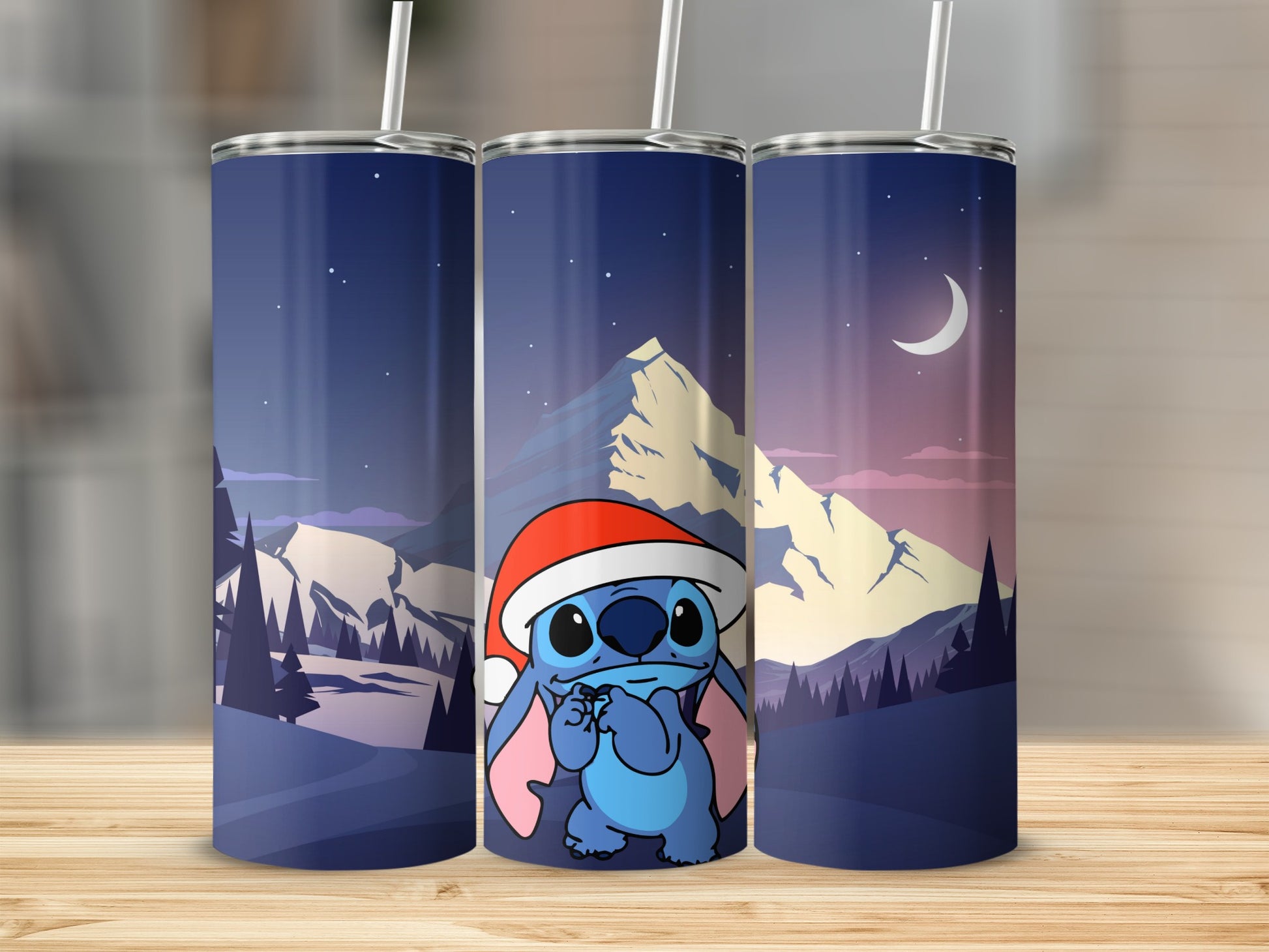 Cute Alien with Santa Hat Mountain Night Scene Tumbler