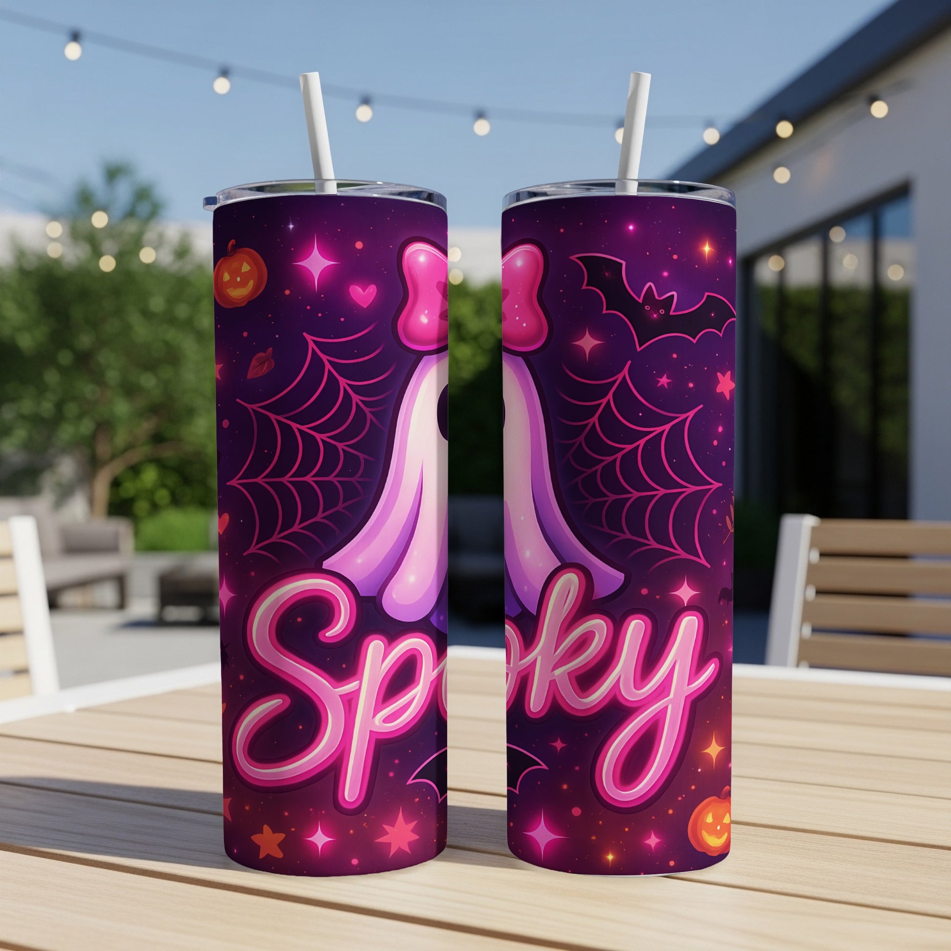Two tumblers with pink ghost, bat, and pumpkin Halloween graphics and the word "Spooky."