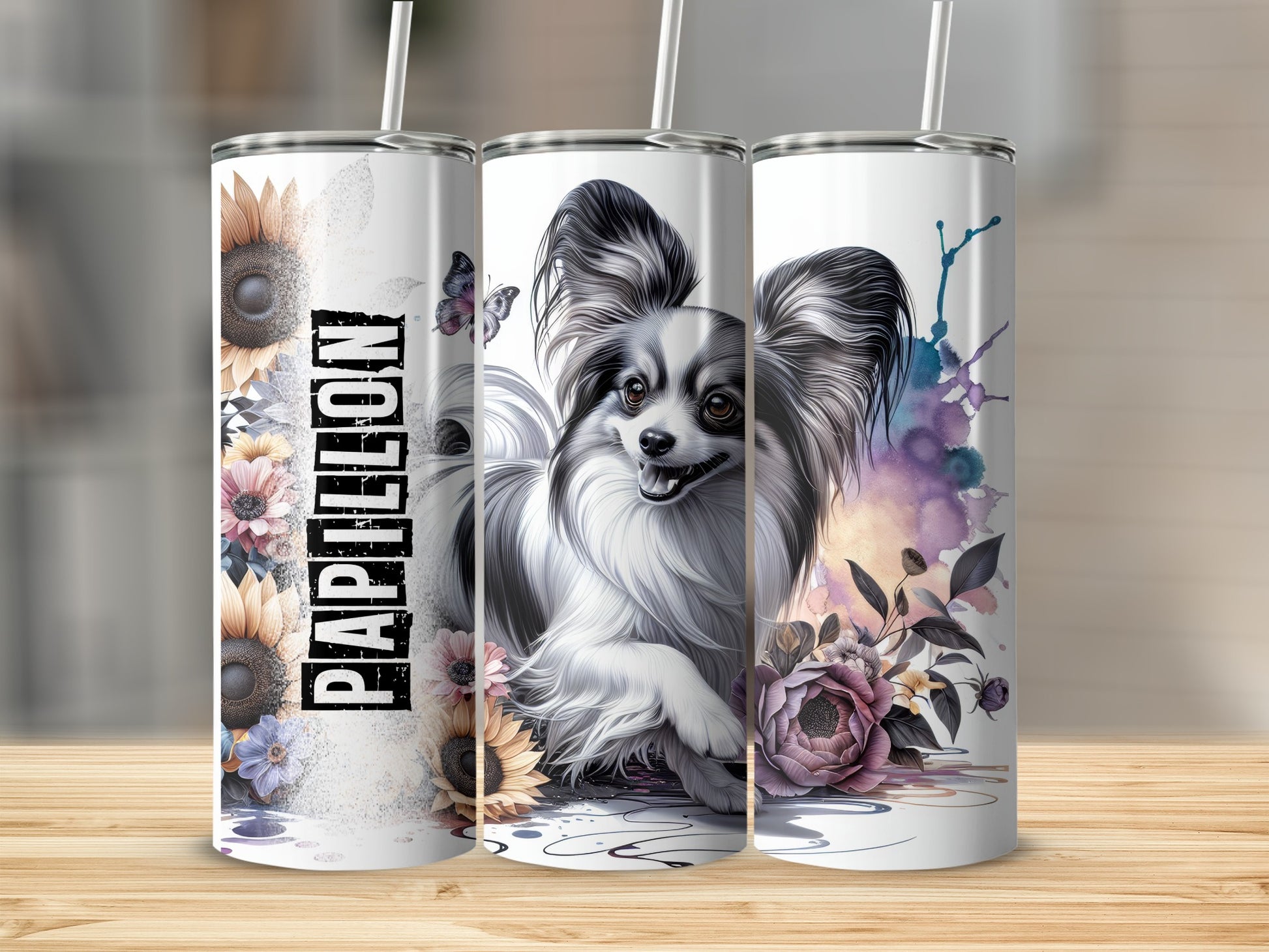 Papillon dog on a tumbler with sunflowers and floral accents.