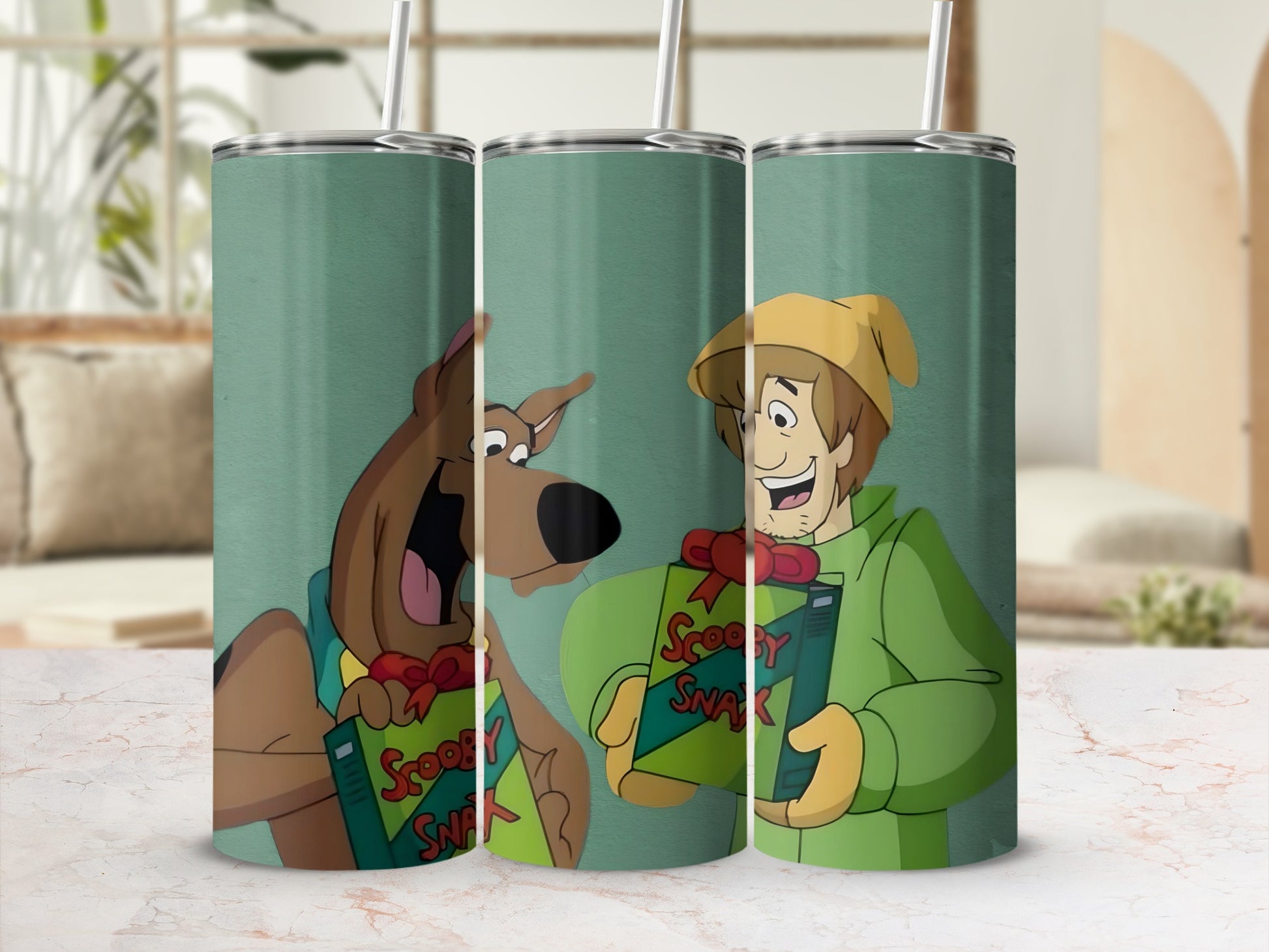 Scooby-Doo and Shaggy hold Scooby Snacks boxes.