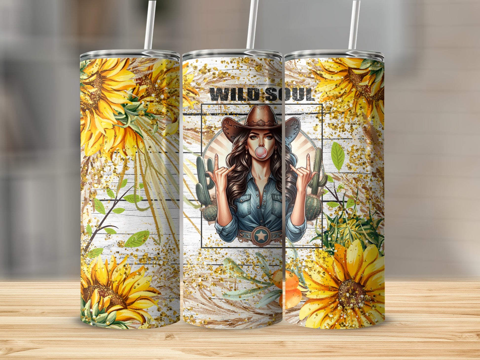 Cowgirl with sunflowers and "Wild Soul" text on a tumbler.
