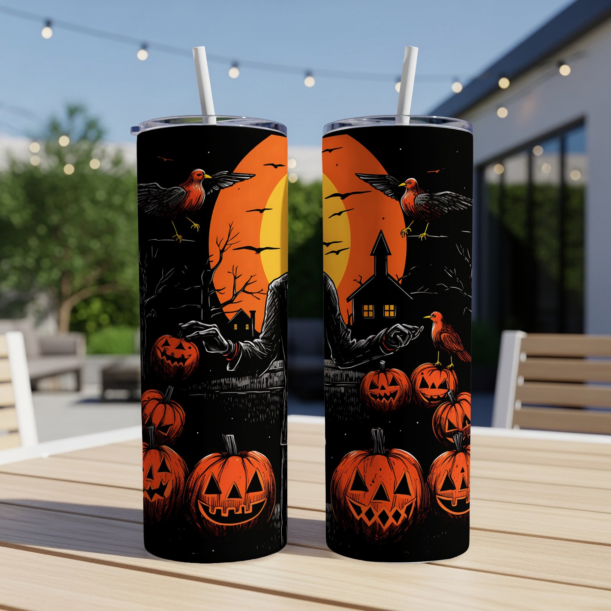 Two tumblers featuring a Halloween design with pumpkins, crows, and a spooky moonlit scene.