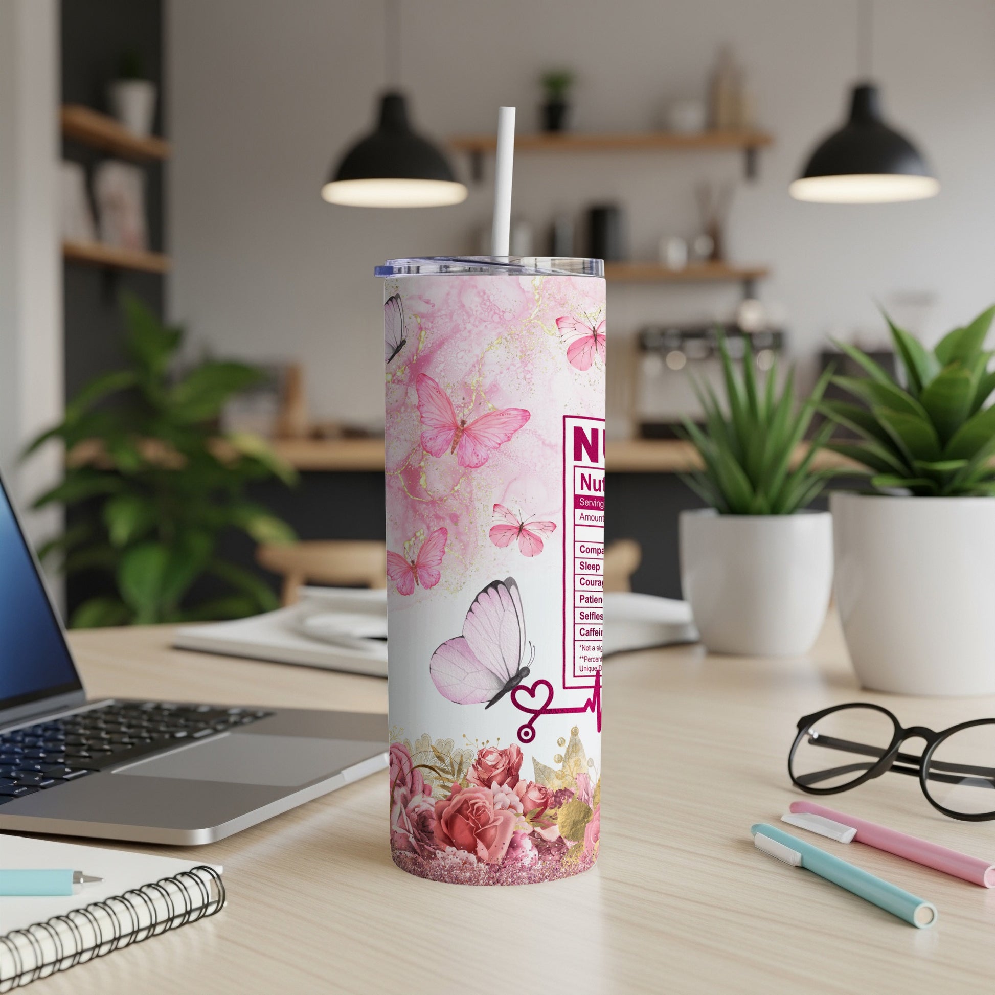 Tumbler with butterflies and floral design, featuring medical terms and "Nurse".