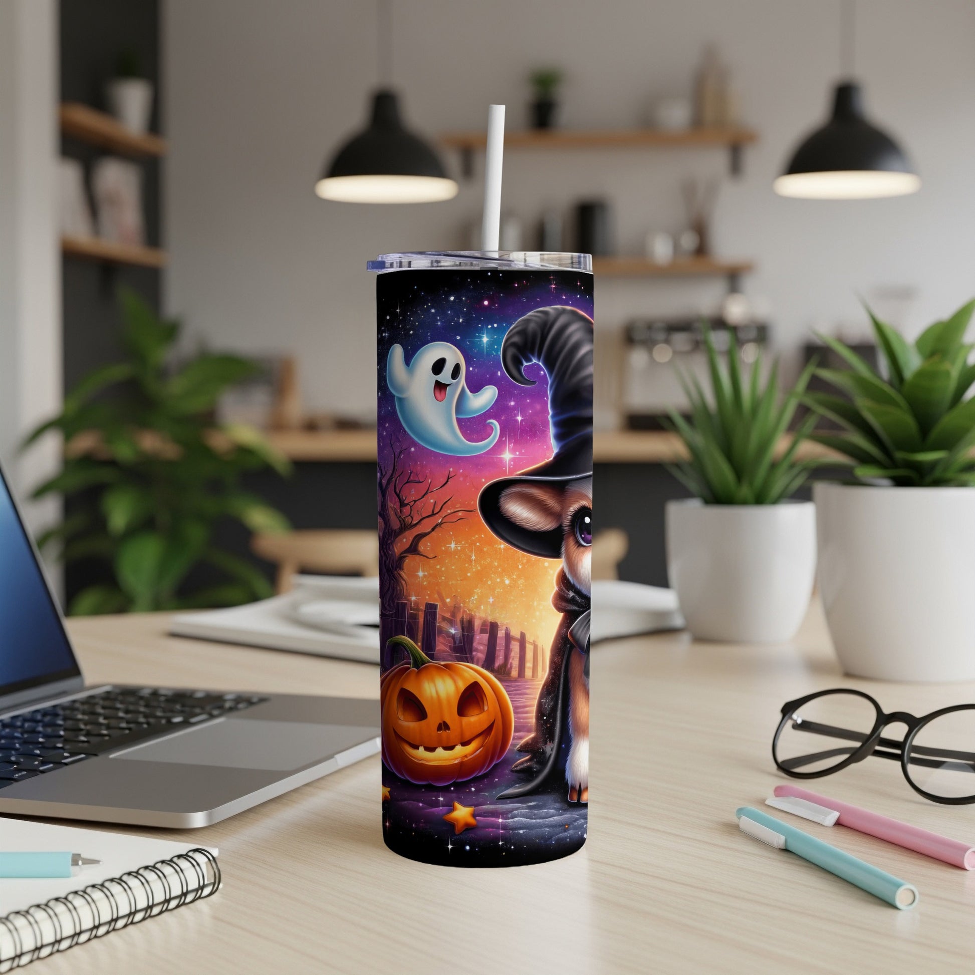 Halloween themed tumbler featuring a witch dog, ghost, and pumpkin.