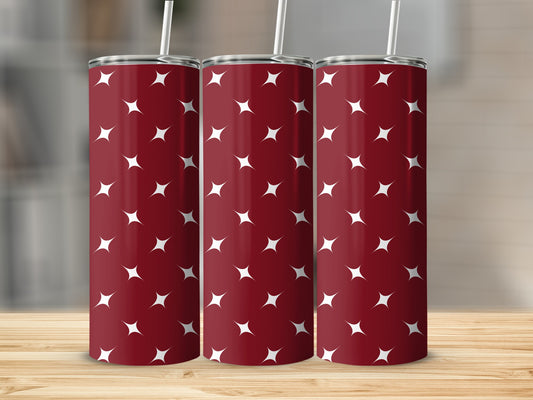 Three dark red tumblers with a white star pattern, each with a white straw.