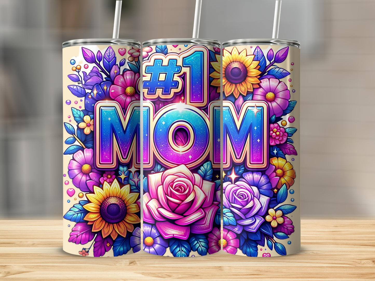 #1 Mom Florals Tumbler with Colorful Flower Design