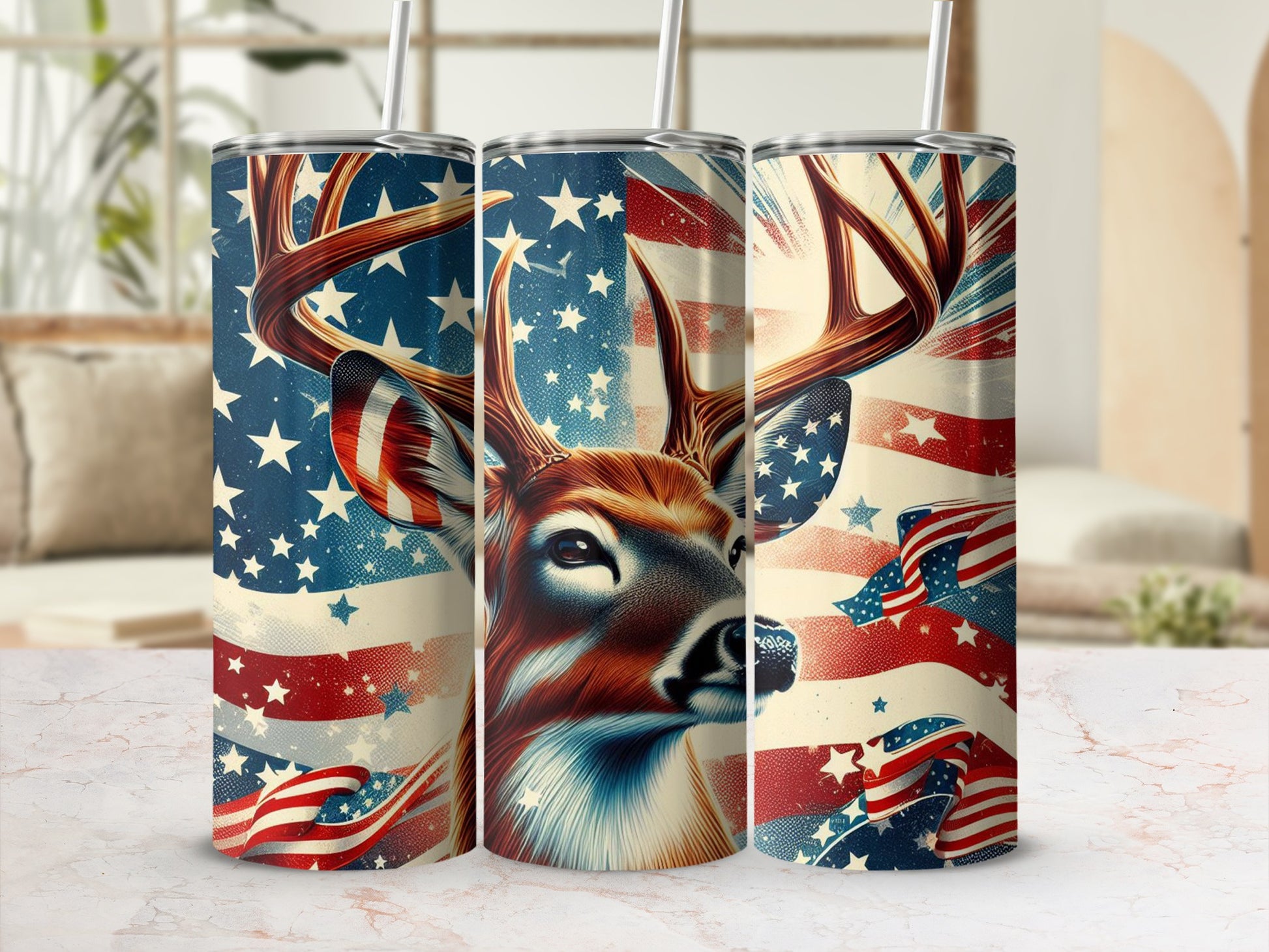 Deer and American flag pattern on three tumblers.